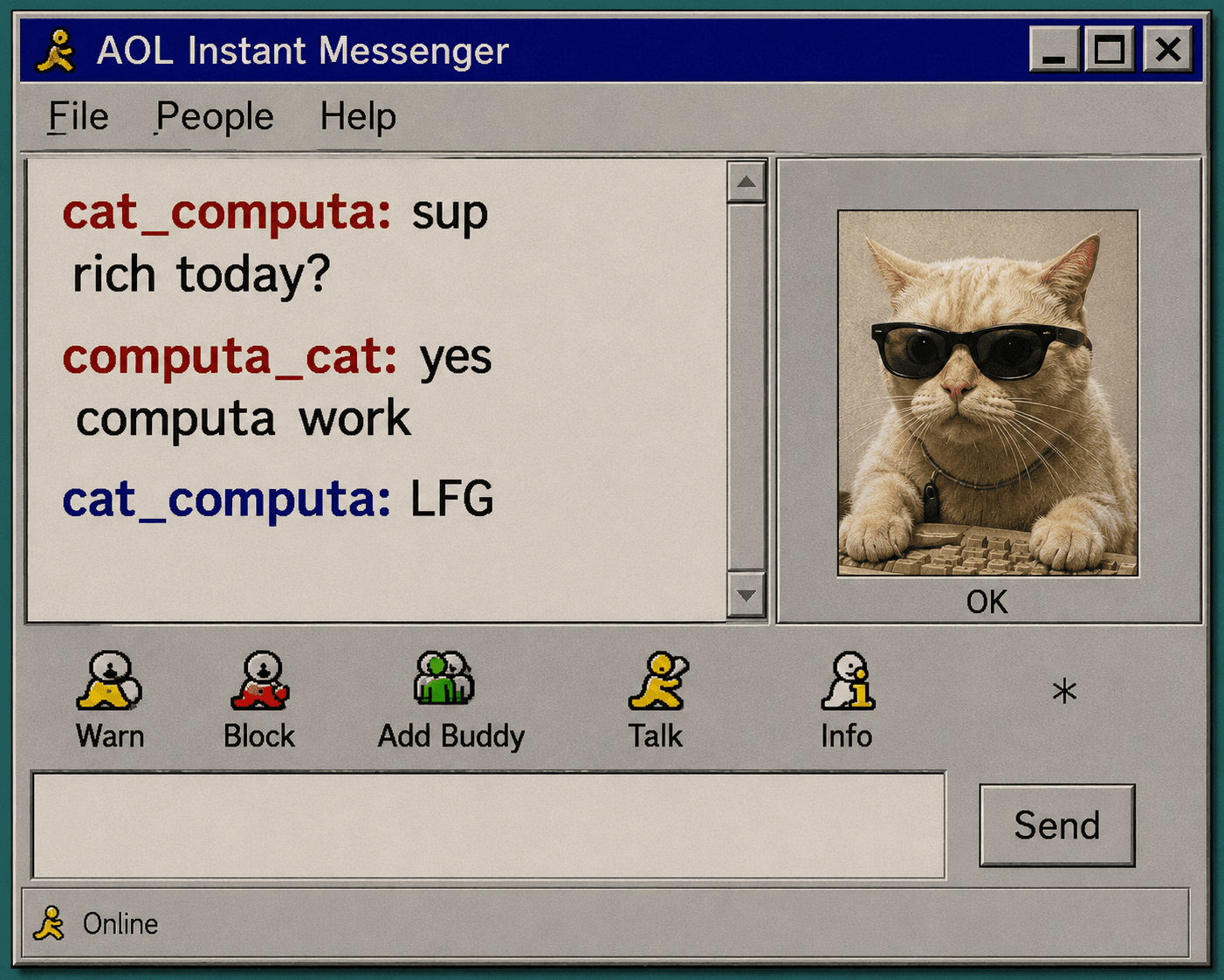 an AOL Instant Messenger conversation between cat_computa and computa_cat