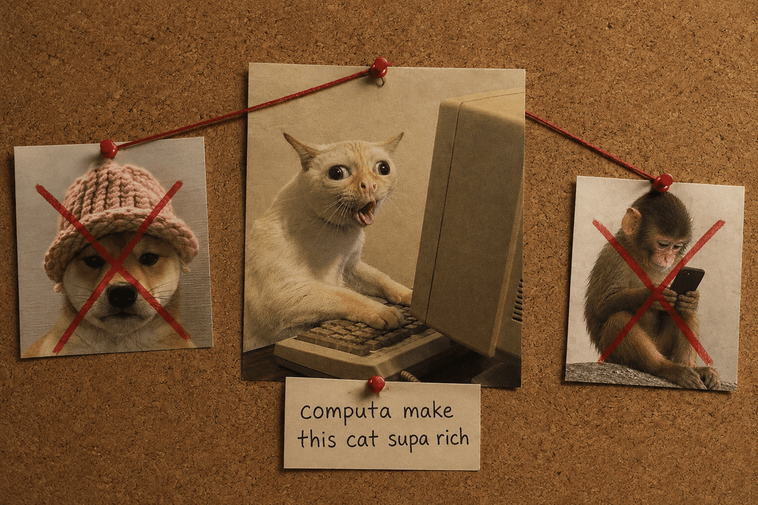 a corkboard with the cat's photo pinned in the middle and other animal memes crossed out
