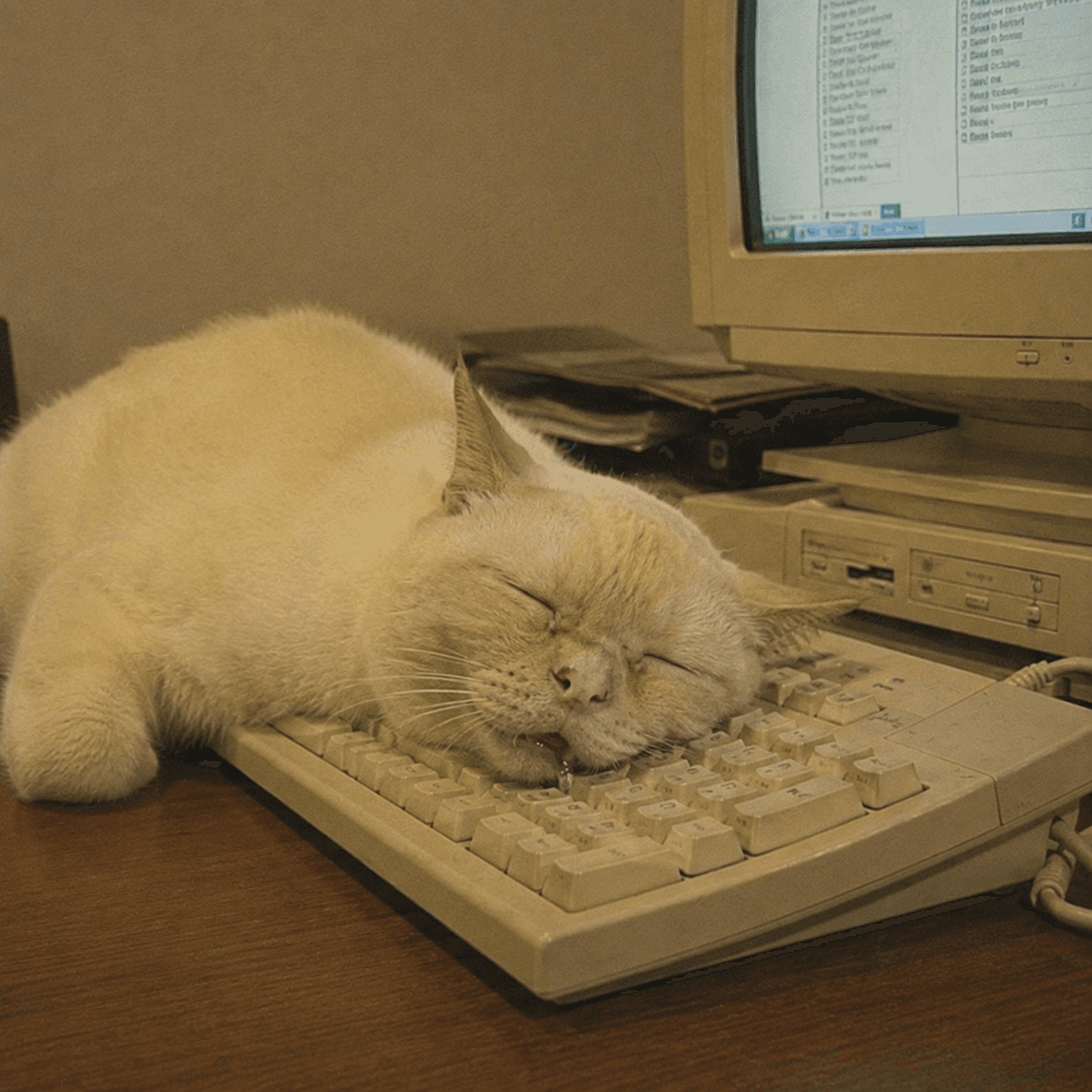 cat asleep face-down on the keyboard, drooling, while the CRT monitor is still on