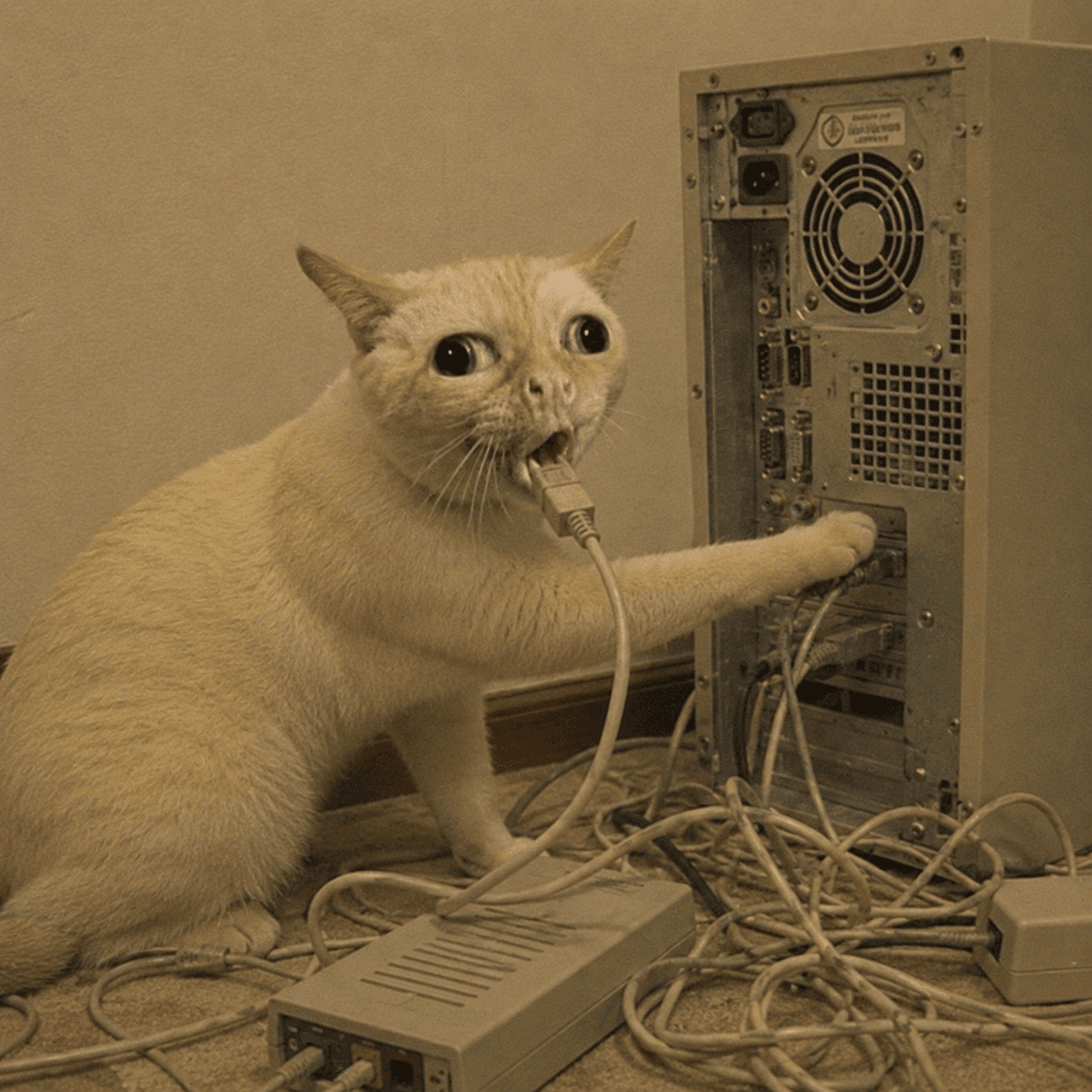 cat plugging cables into the back of an old computer tower to connect to the internet