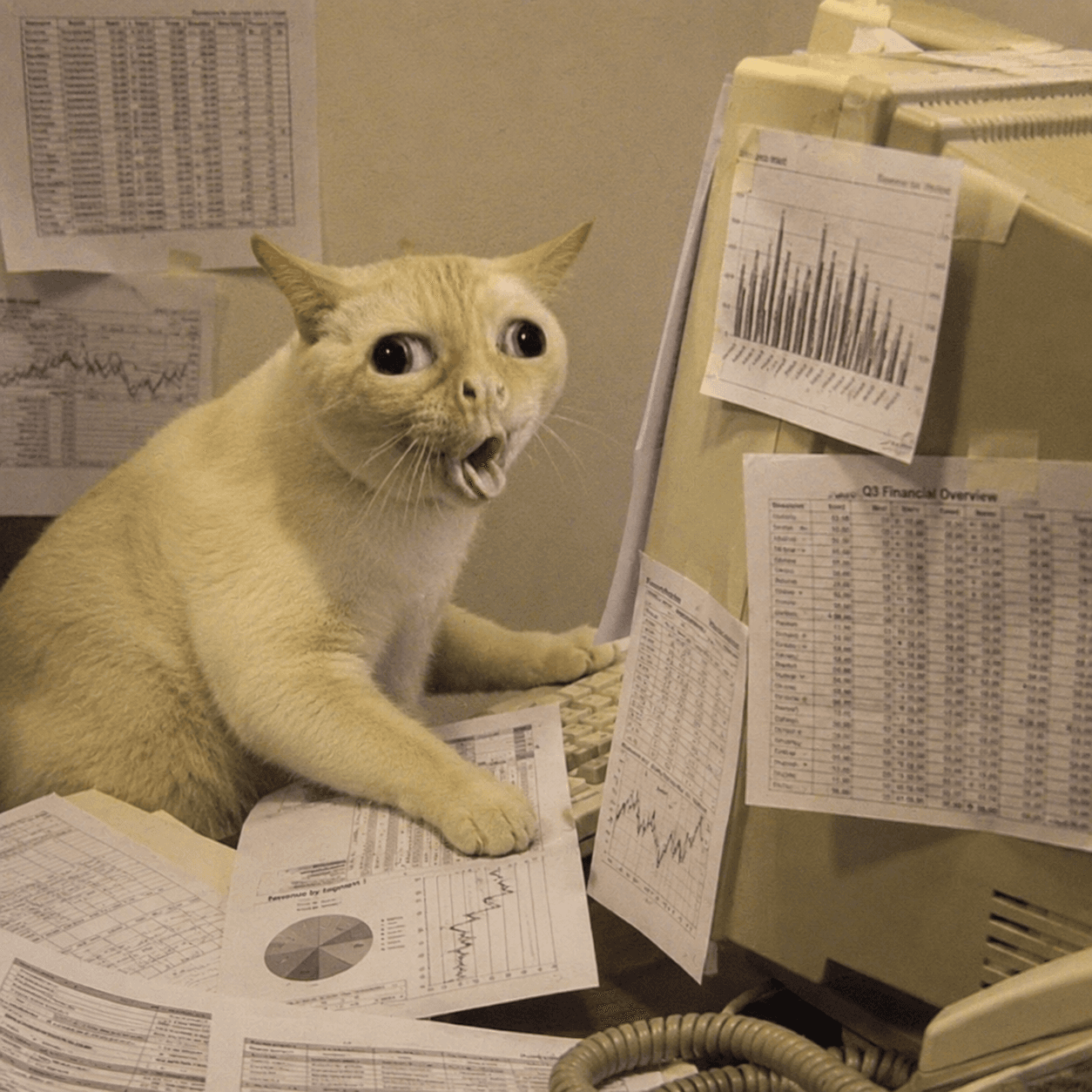 cat surrounded by printed charts and spreadsheets, researching magic internet money